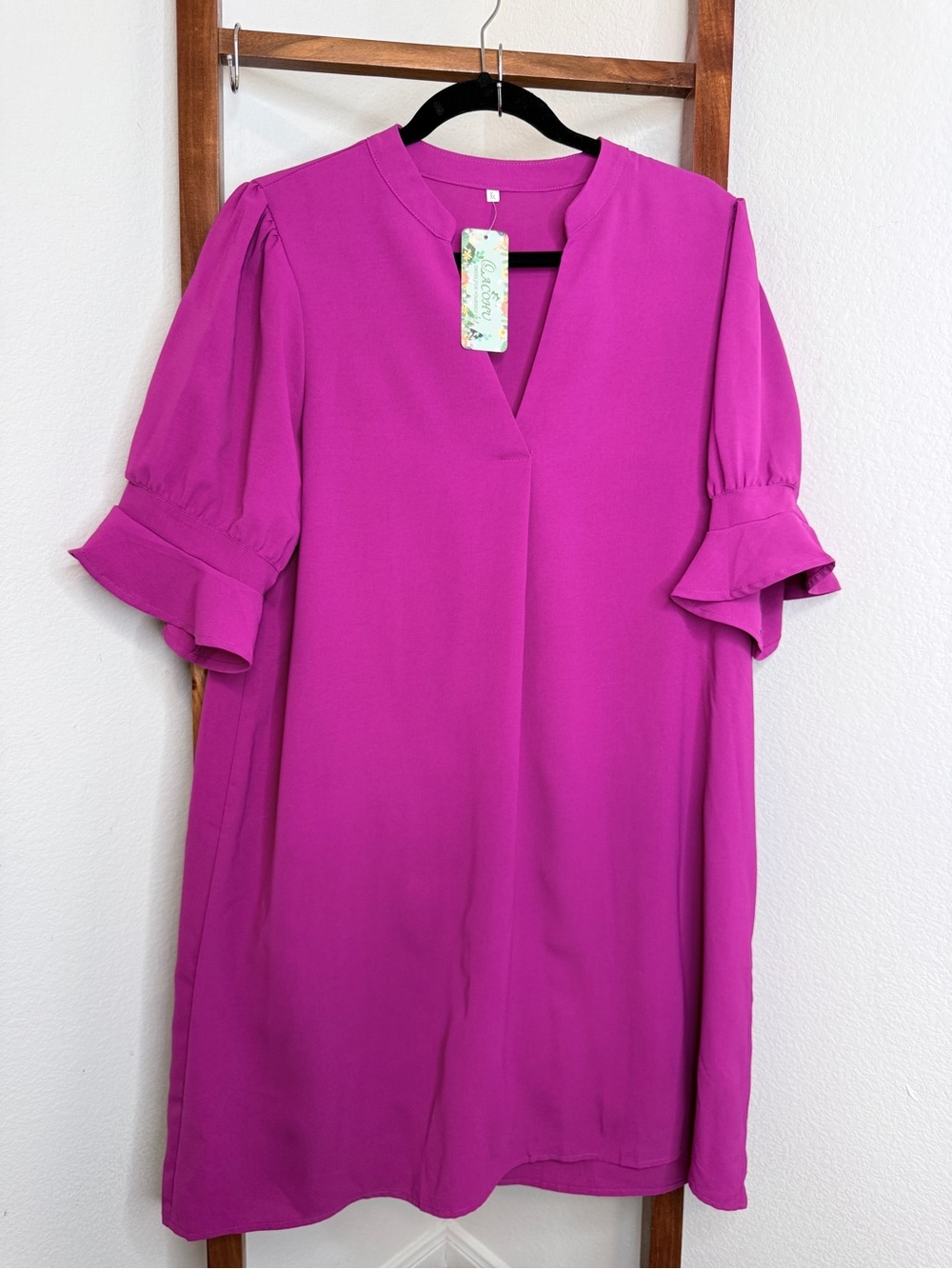 Qacohu Shift Dress Women XL Magenta NWT Puff Sleeve Ruffle V-Neck Mini